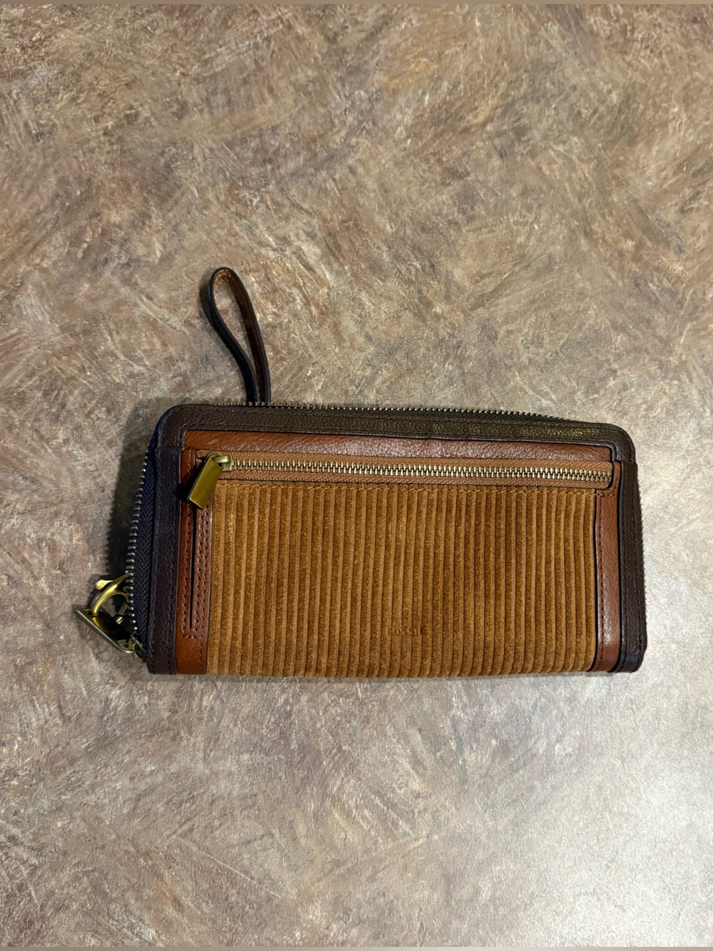 FOSSIL Brown Leather Corduroy Suede Wrist Wallet